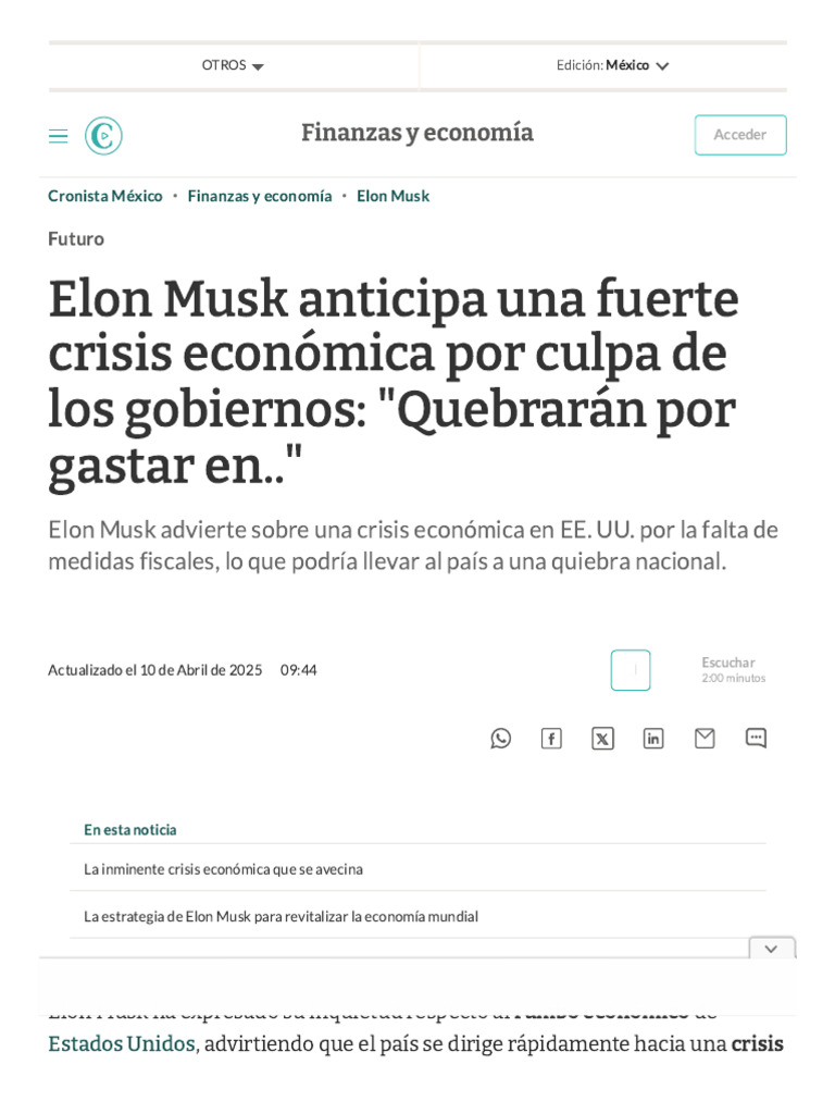 Elon Musk Anticipa Una Fuerte Crisis Económica Por Culpa de Los ...