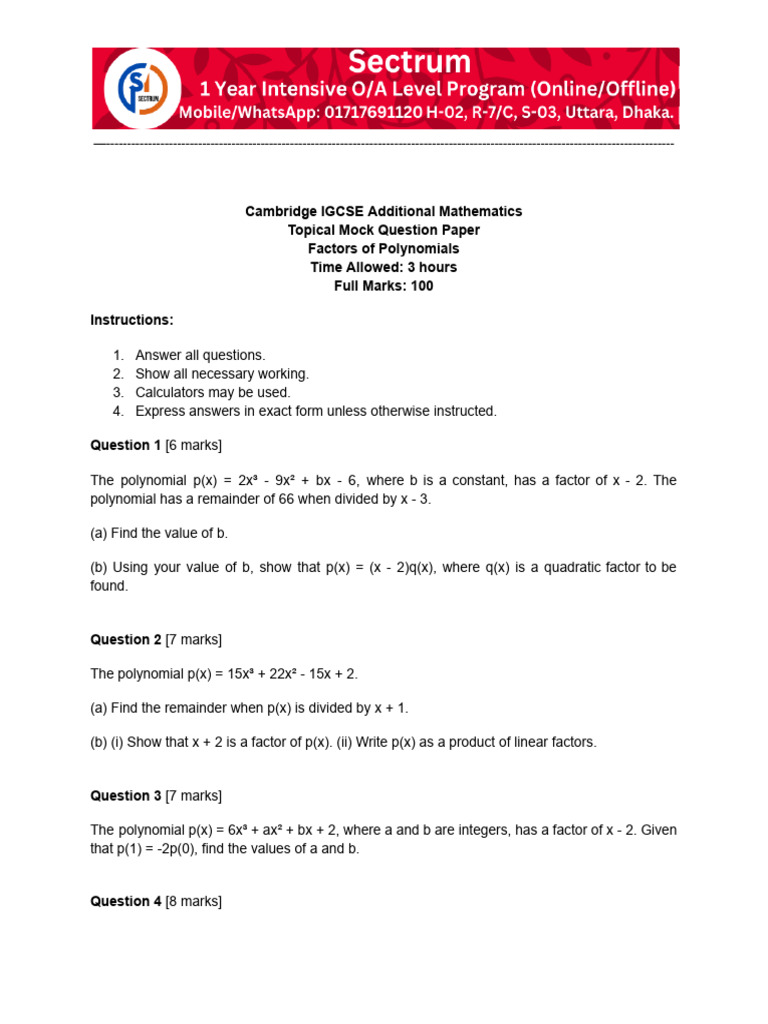 QP O Level Add Maths Topical Mock, Polynomial | PDF | Factorization ...