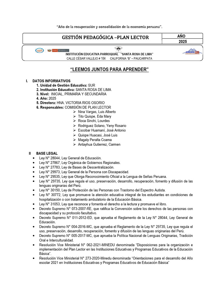 Carátula Plan Lector 2025 | PDF | Educación primaria | Educación de la ...