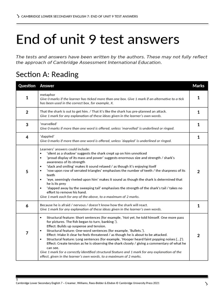 End of Unit 9 Test Answers: Grade 7 | PDF | Narrative | Syntax