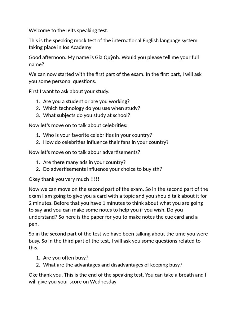 IELTS Speaking Test Mock Example | PDF
