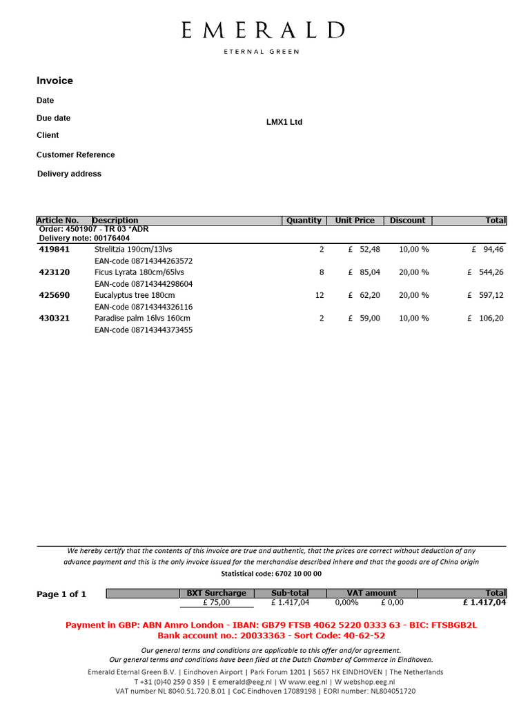 Invoice for Emerald Eternal Green B.V. | PDF | Banking | Payments