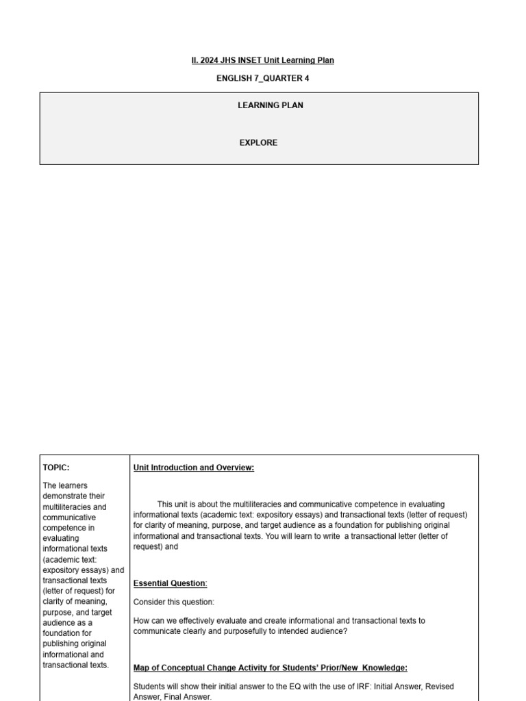 English 7 Learning Plan Final | PDF | Essays | Morphology (Linguistics)