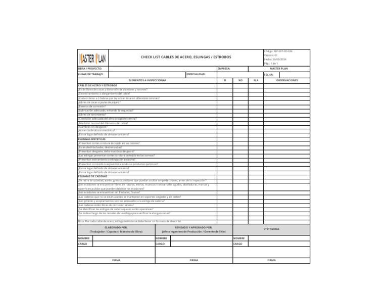 Check List Cables Eslingas y Estrobo Ver. 01 | PDF | Materiales ...