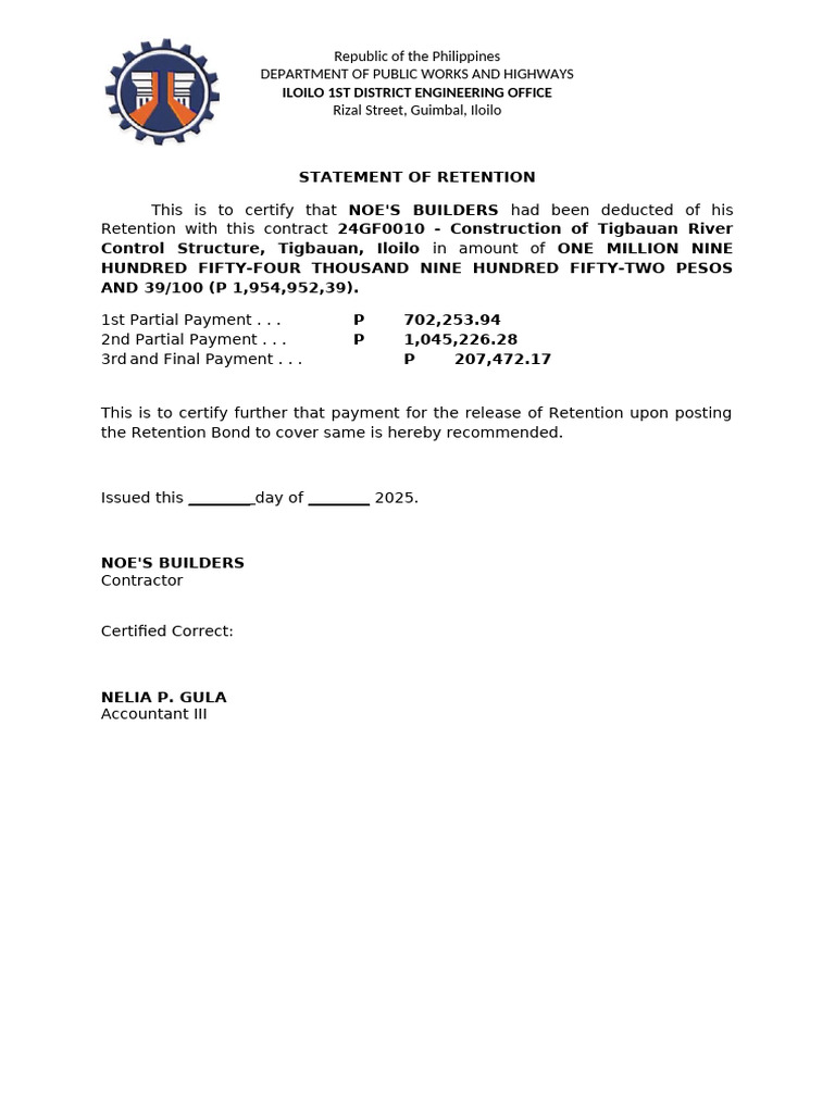 Iloilo River Control Structure Retention Statement | PDF