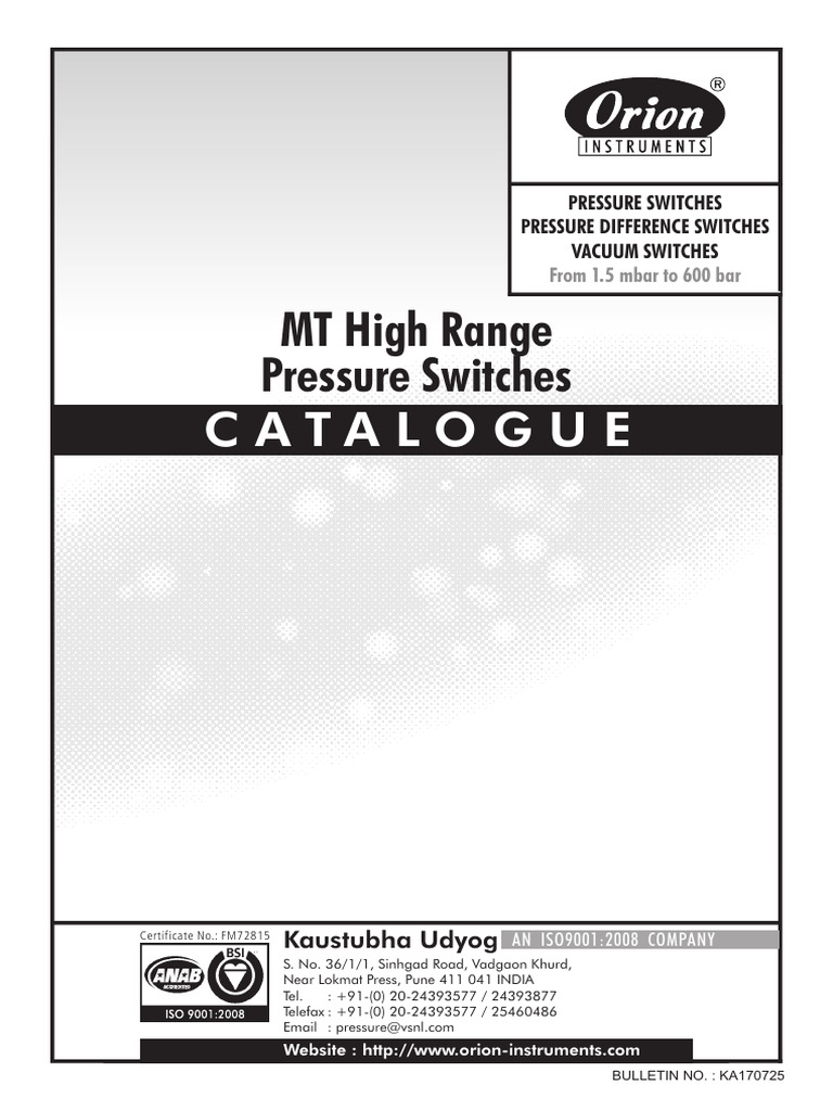 Orion High Range Pressure Switches | PDF | Switch | Stainless Steel