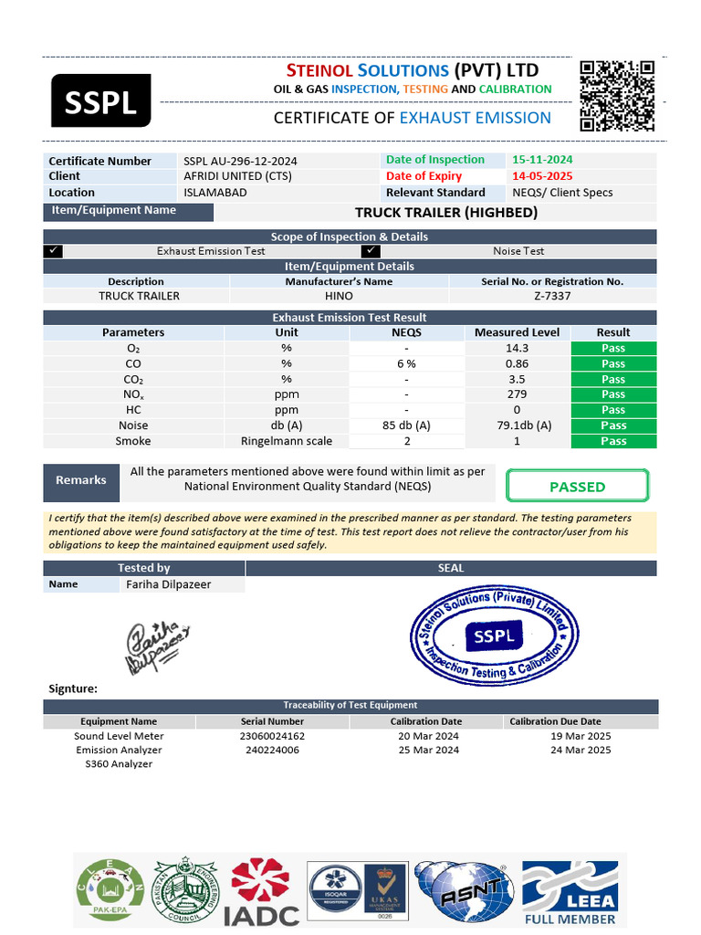 Exhaust Emission Test Certificate for Truck | PDF | Exhaust Gas ...