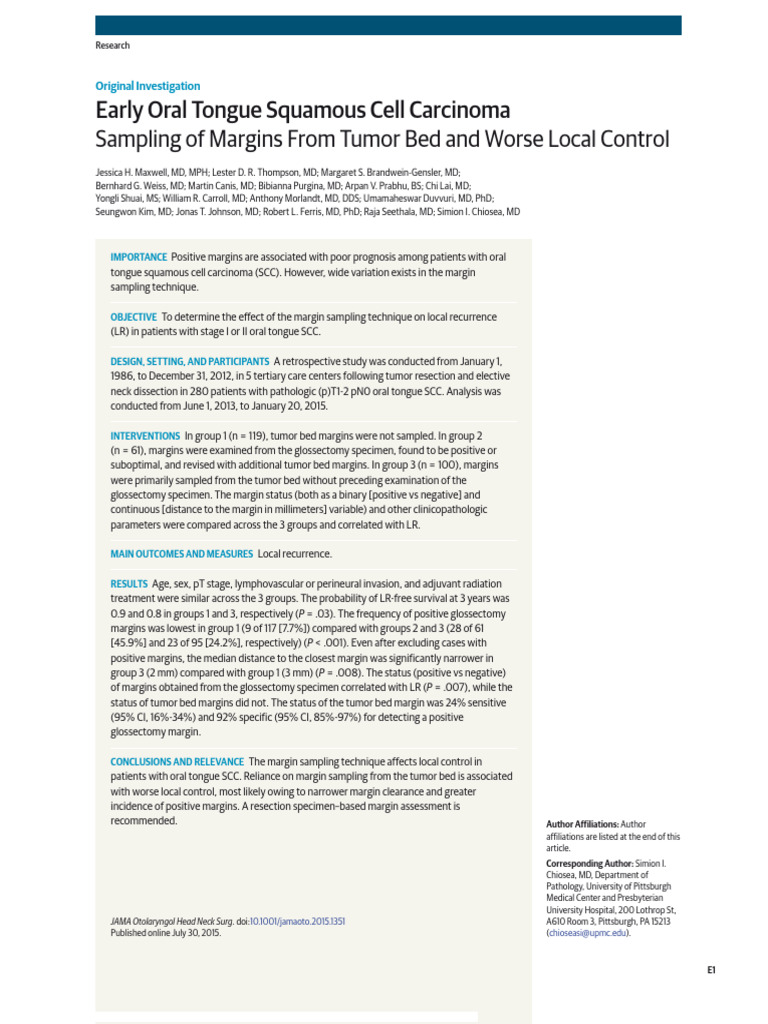 Early Oral Tongue Squamous Cell Carcinoma Sampling of Margins From ...