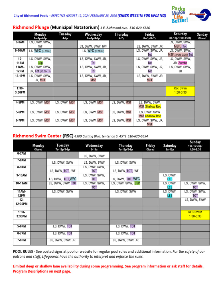 Richmond Pool Schedule 2024-2025 | PDF