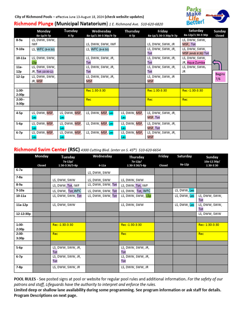 SUMMER 24.pool Schedule and Description - 202407051443281533 | PDF
