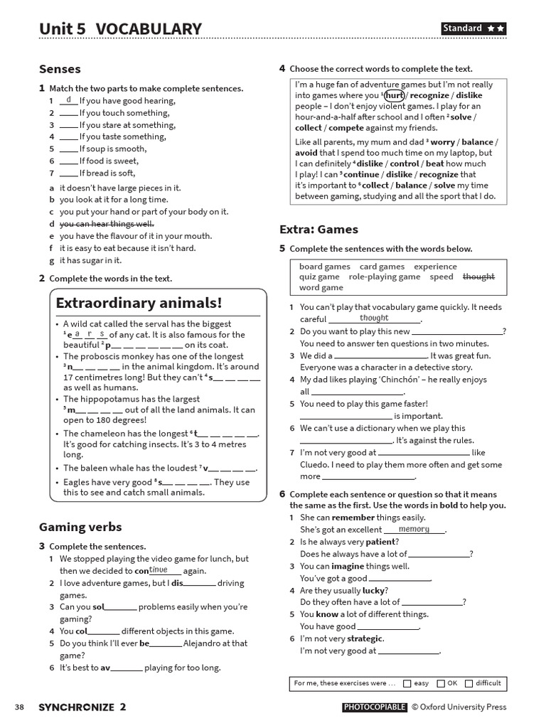 Vocabulary Exercises for Gaming and Senses | PDF