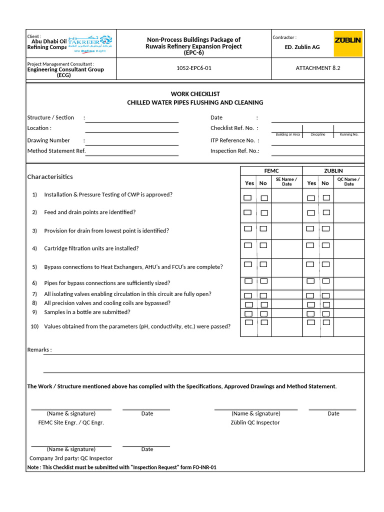 Chilled Water Pipe Flushing Checklist | PDF | Mechanical Engineering ...