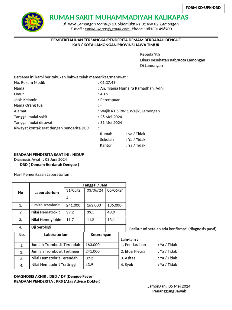 Hasil Lab DBD Positif Penderita Anak | PDF