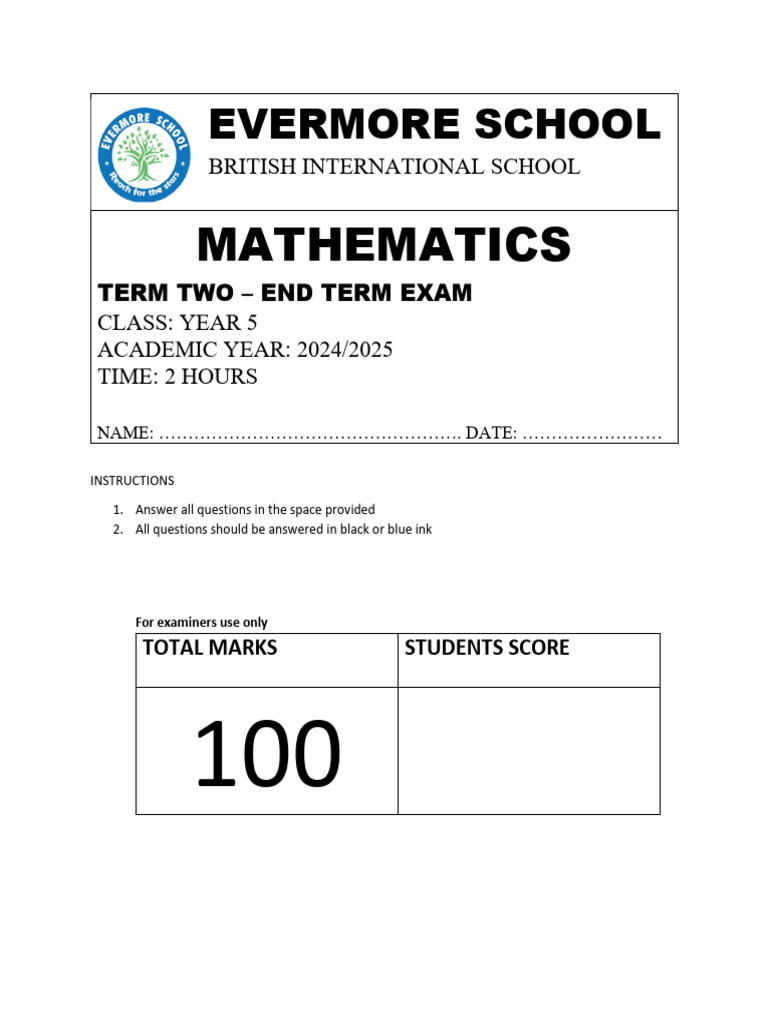 Year 5 Maths End Term Exam 2025 | PDF