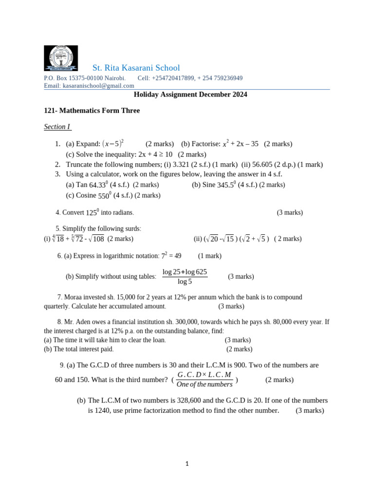 St. Rita Mathematics Form 3 | PDF | Taxes