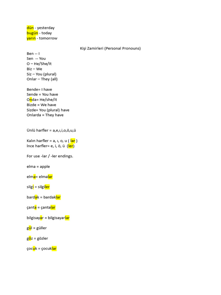 Turkish A1 Notes | PDF