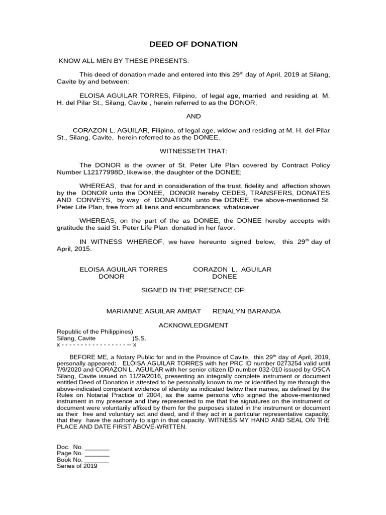 Deed of Donation Template Examples | PDF | Affidavit | Common Law