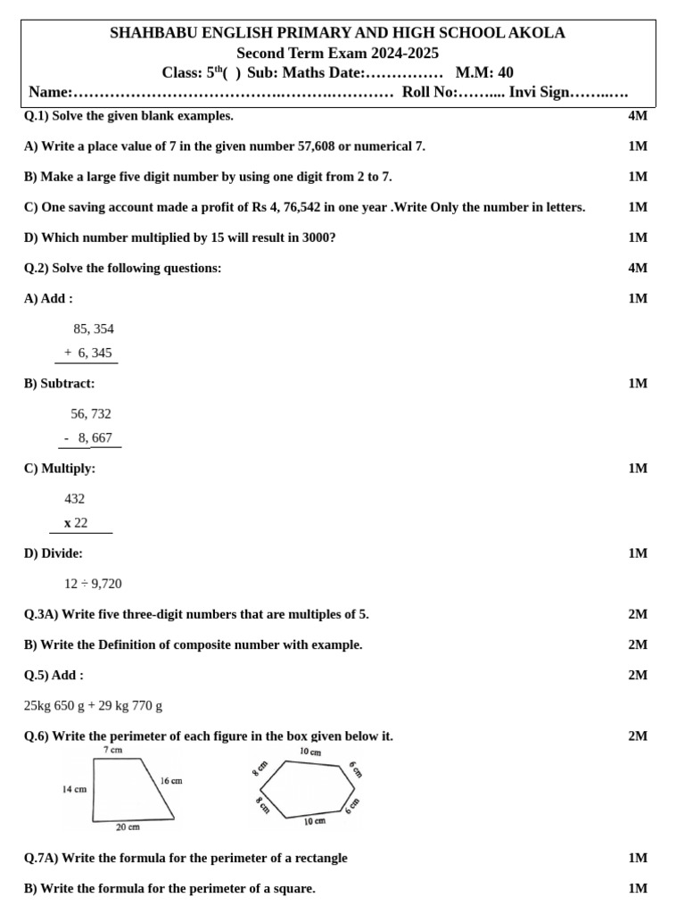 Class 5 Maths Second Term Exam Paper | PDF | Area | Numbers