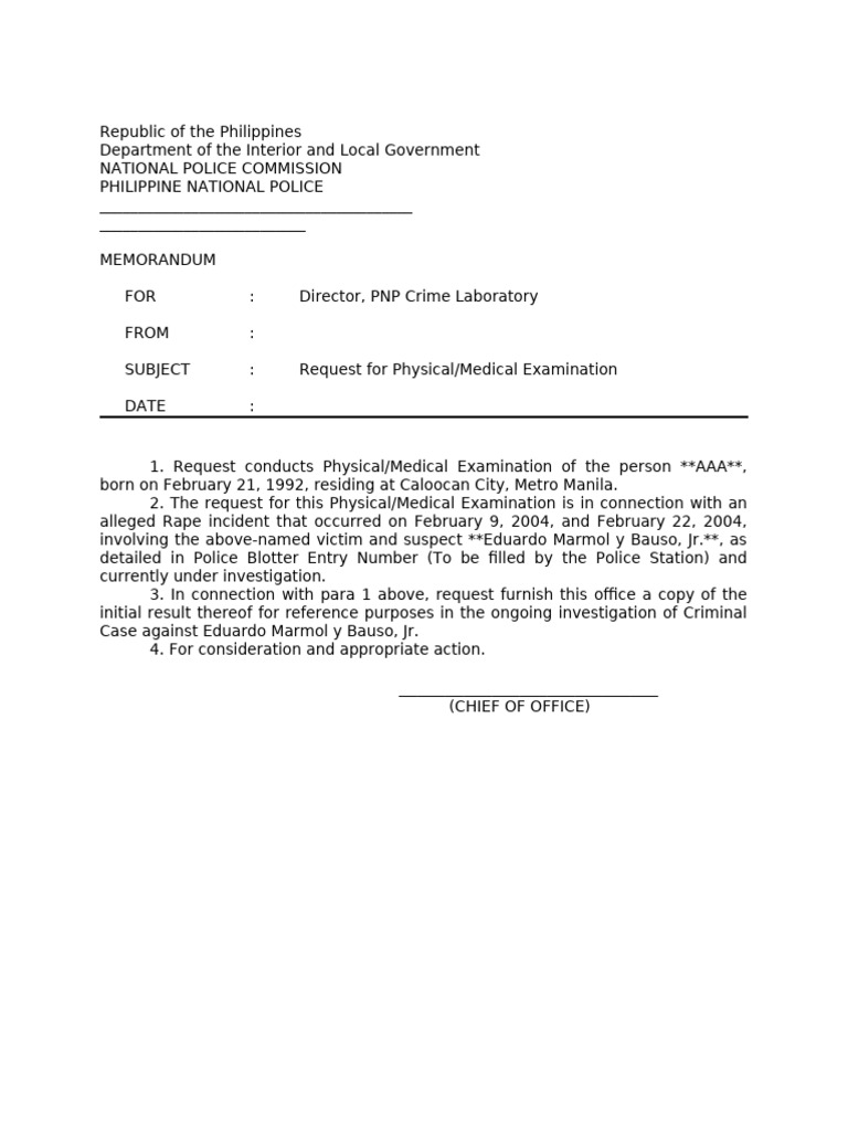 Request for Medical Examination in Rape Case | PDF