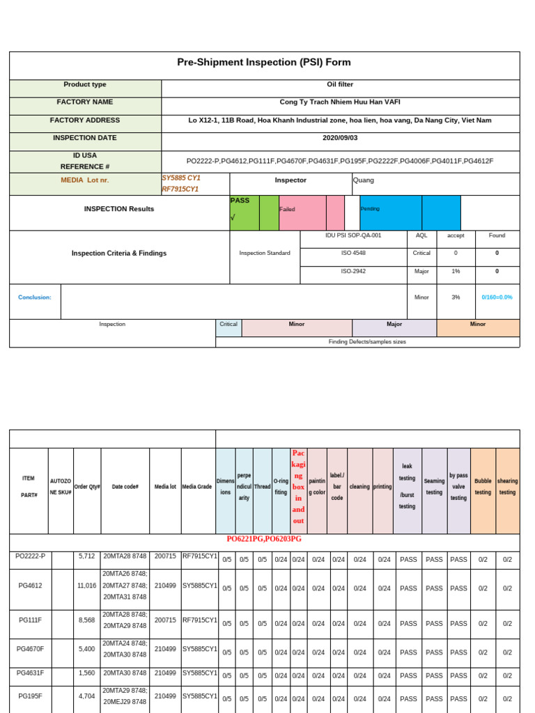 Pre-Shipment Inspection Report for Oil Filters | PDF
