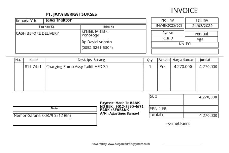 Invoice Jaya Traktor Rp 4,270,000 | PDF