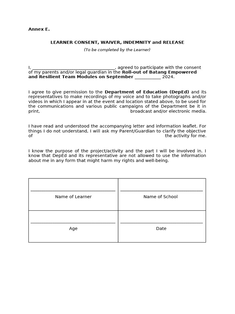 Learner Consent Form for DepEd Event | PDF
