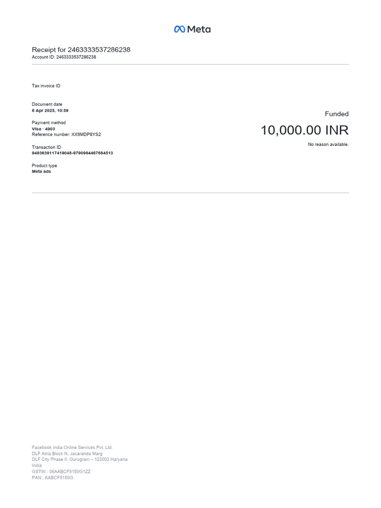 Meta Ads Payment Receipt - 2463333537286238 | PDF