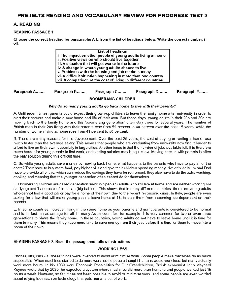 Reading and Vocabulary For Progress Test 3 | PDF | Cost Of Living ...