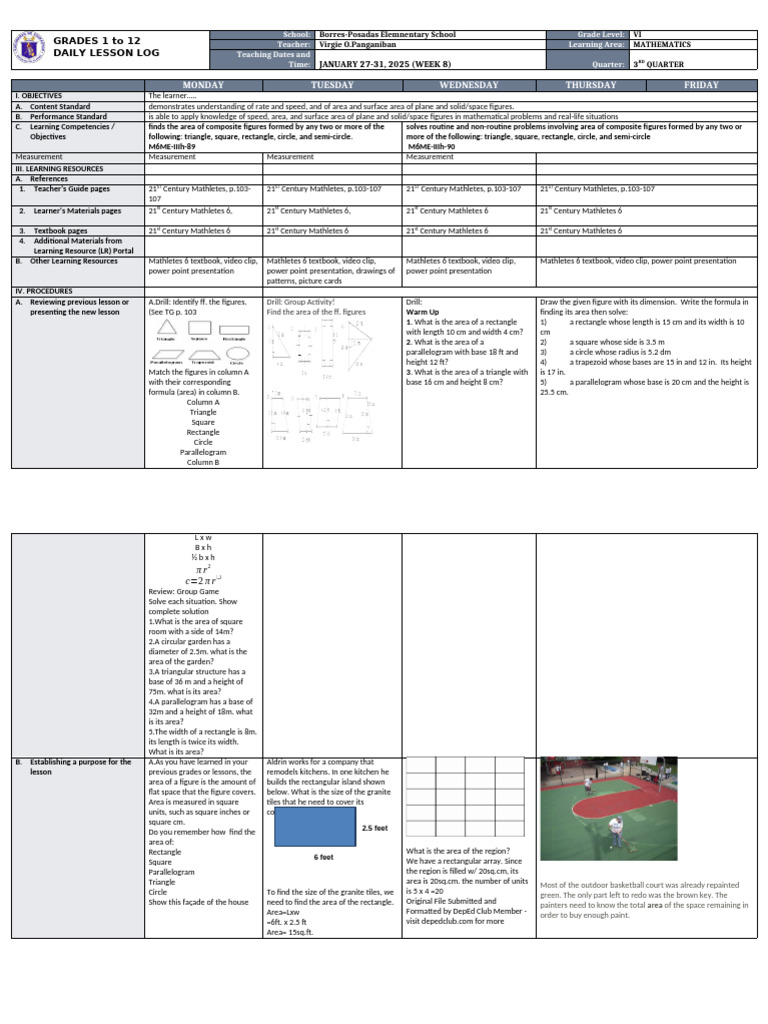 Grade VI Math Lesson: Area of Figures | PDF | Area | Circle