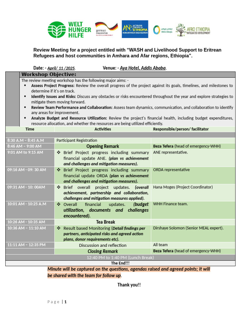 Project Review Meeting for WASH Support | PDF