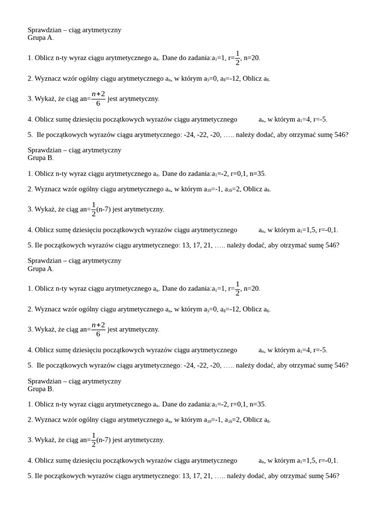 Ciag Arymetyczny Sprawdzian Pdf