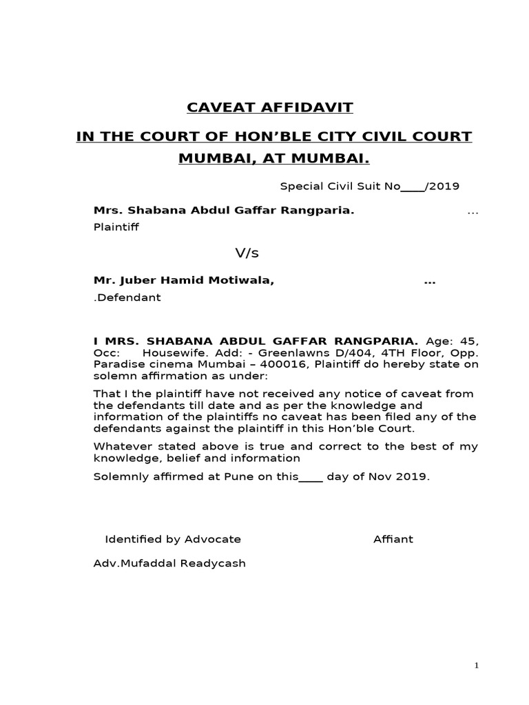 Caveat Affidavit for Civil Suit | PDF