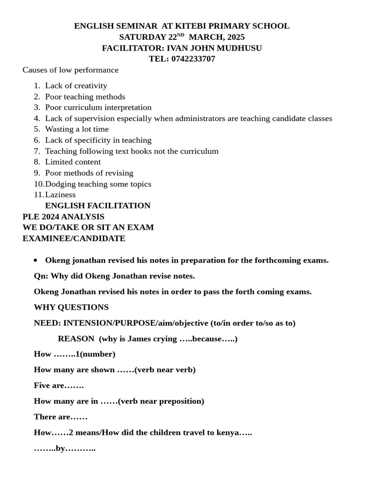 ENGLISH SEMINAR AT KITEBI PRIMARY SCHOOL | PDF | Vocabulary | Education ...