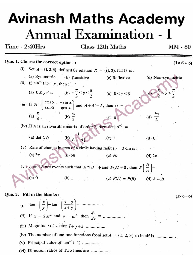 12th Math Annual Test 2025 | PDF