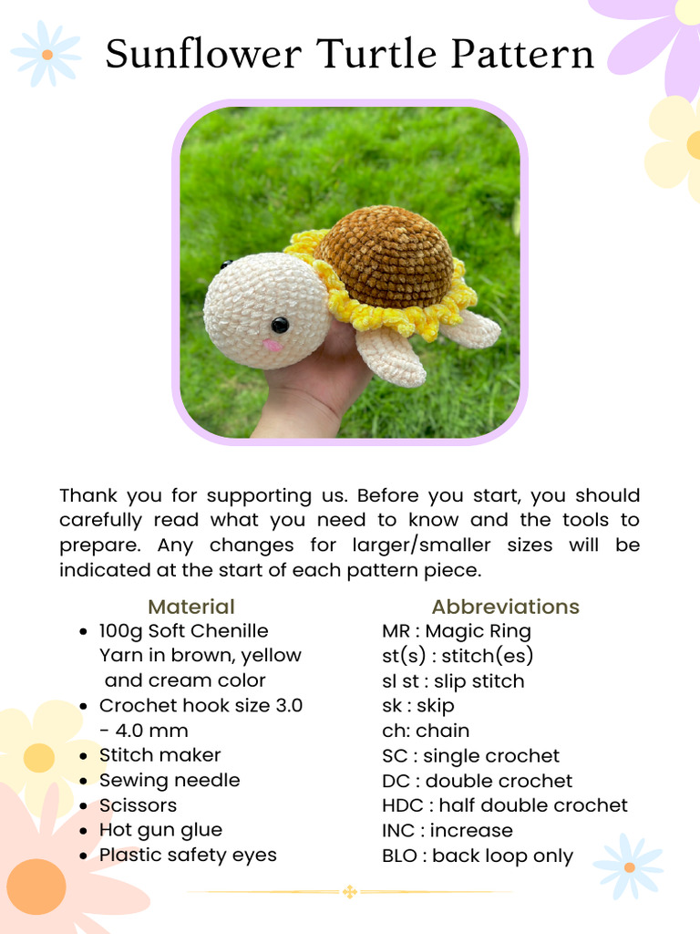 Free Sunflower Turtle Crochet Pattern | PDF | Crochet | Handicrafts