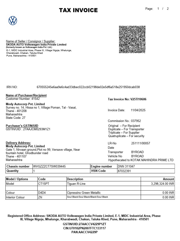 Mody Autocorp Pvt. Ltd. Tax Invoice | PDF | Automotive Technologies ...