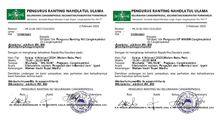 Undangan Silaturahim Ranting NU Cangkrepkidul | PDF