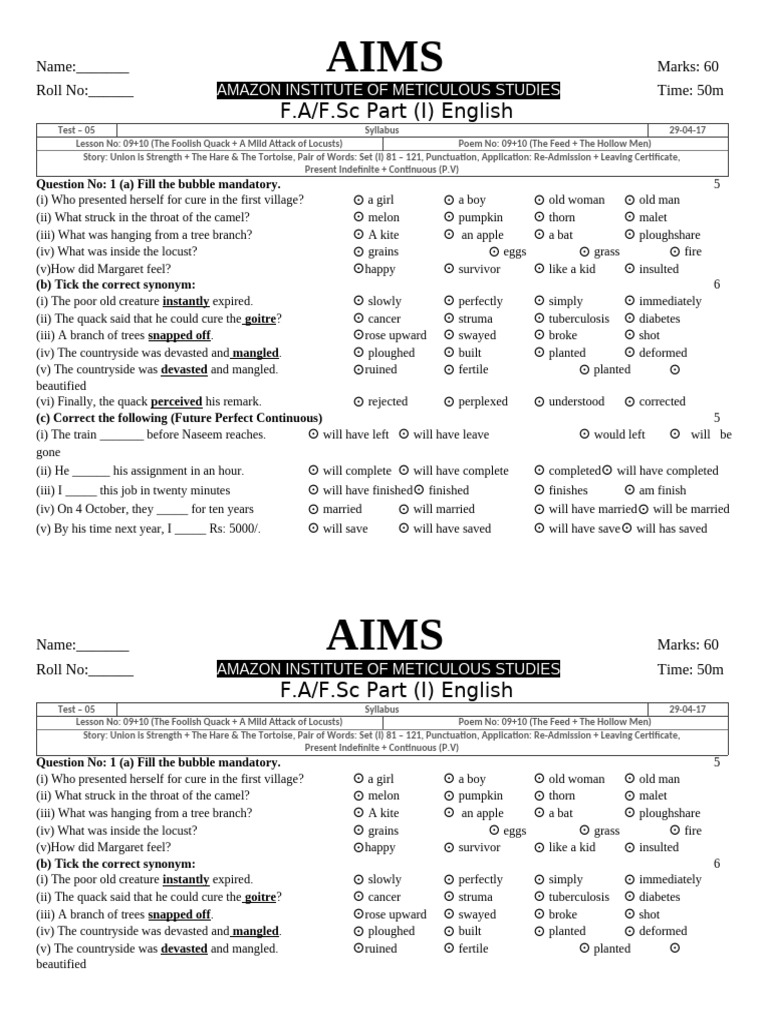 F.A F.SC Part (I) Test Test No 5 | PDF