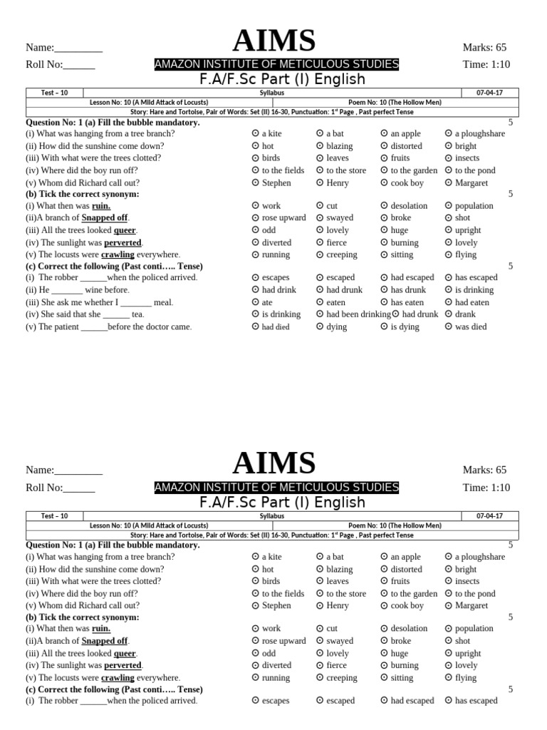 F.A F.SC Part (I) Test No 10 | PDF