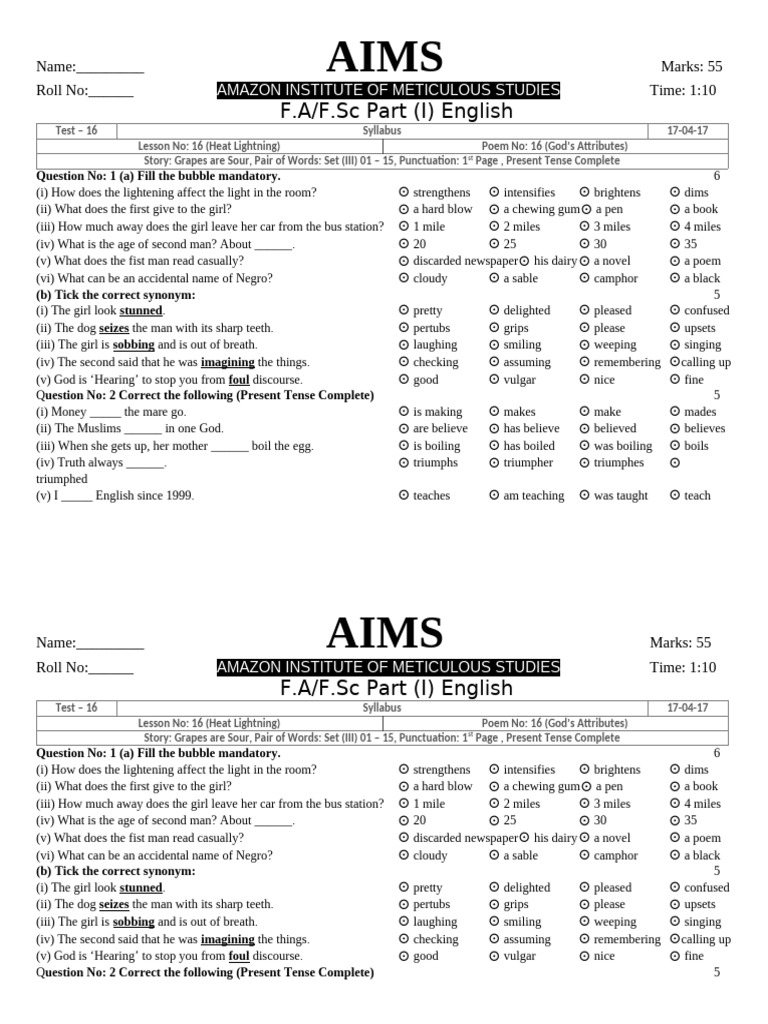 English Test Paper: F.A/F.Sc Part I | PDF