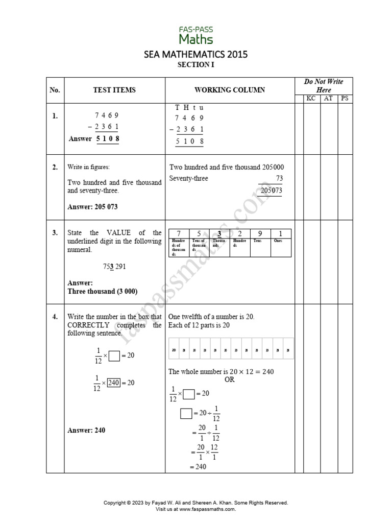 SEA Mathematics 2015 Past Paper Answers | PDF | Mathematics