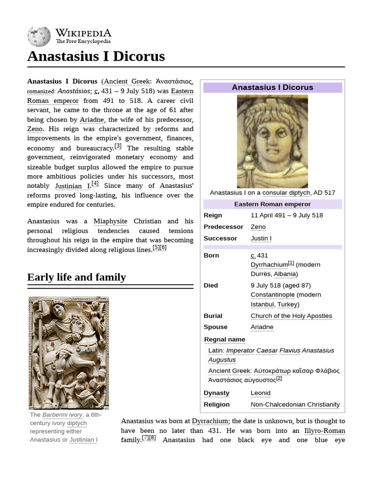 Anastasius I: Eastern Roman Emperor | PDF