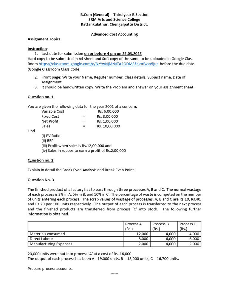Assignment - Advanced Cost Accounting | PDF | Business | Business Economics