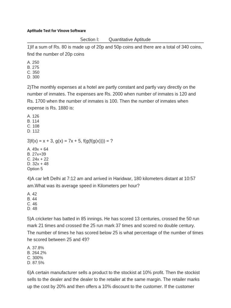 Vinove Software Aptitude Test Questions | PDF | Class (Computer ...