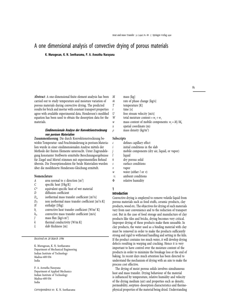 A One Dimensional Analysis of Convective Drying of Porous Materials ...