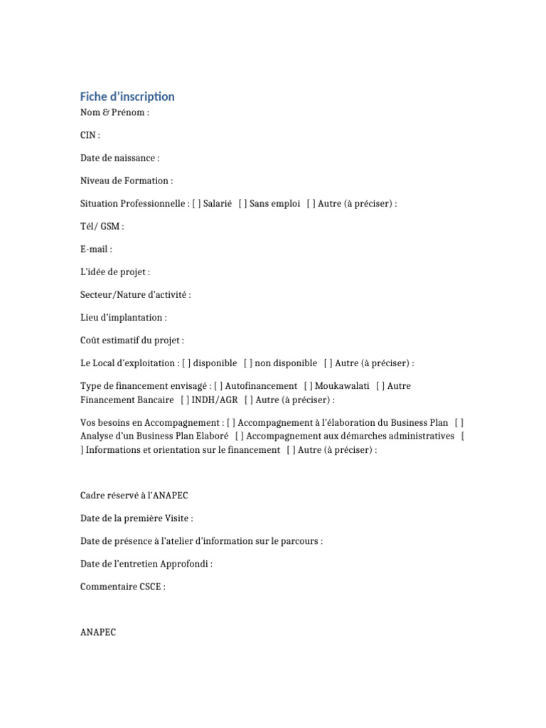 Fiche d'inscription ANAPEC 2025 | PDF
