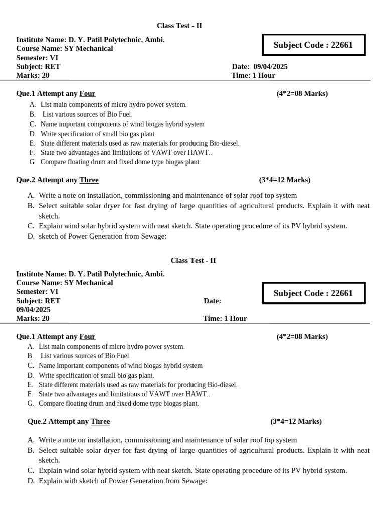 RET Subject Code 22661 Class Test Overview | PDF | Photovoltaics | Biogas