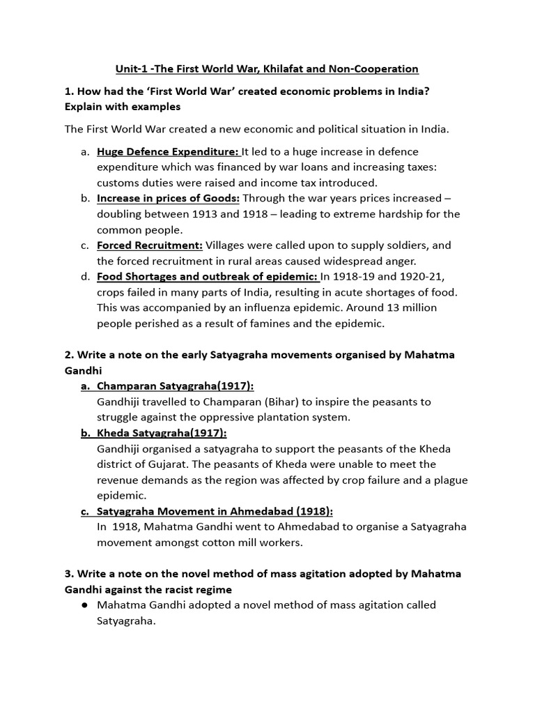Unit 1-The First World War | PDF | Mahatma Gandhi | Indian Nationalism