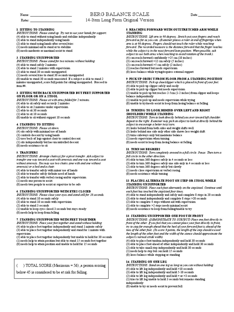 Berg Balance Scale PDF Chair Balance (Ability)