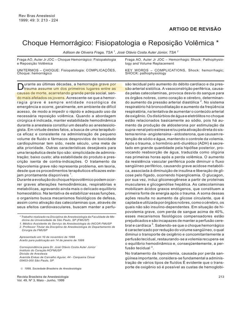 Choque Hemorrágico: Fisiopatologia e Tratamento | PDF | Choque ...